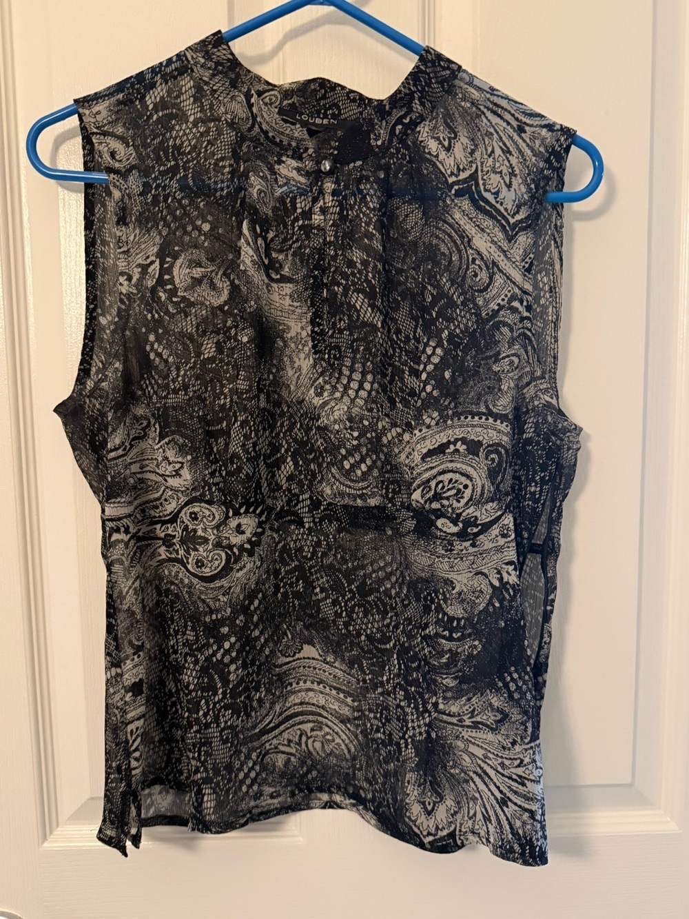 Louben Black White Paisley Snake Print Sheer Sleeveless Blouse Top Sz 12 Vintage